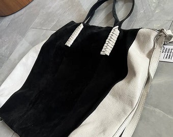 Sac convertible vintage en cuir véritable noir et blanc