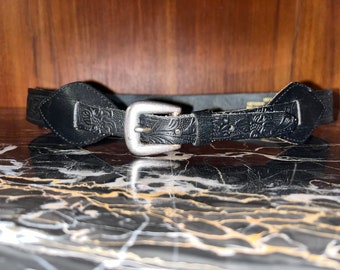 Vintage Black Leather Tooled Floral Belt M/L
