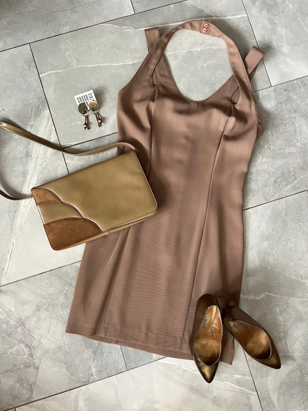 Vintage Gold Tie Halter Neck Mini Dress XS 6 8