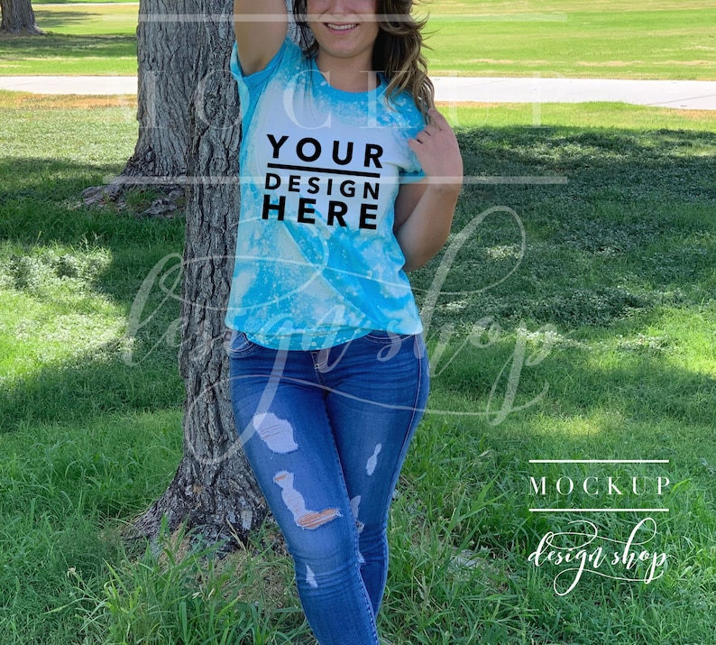 Download Model Bleached TURQUOISE Bella Canvas 3001 Mockup T-shirt ...
