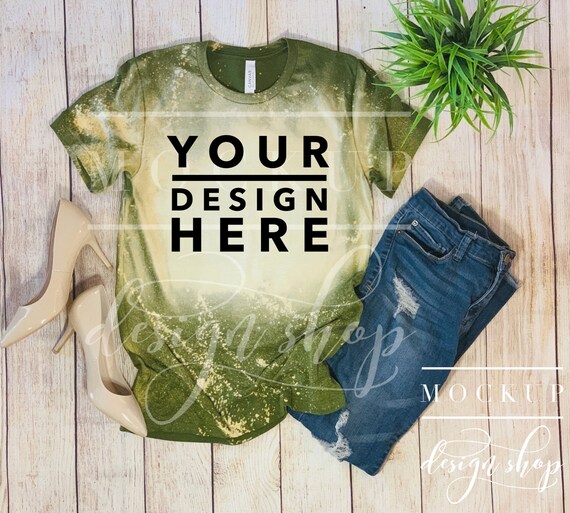 Bellacanvas 3001 Olive Bleach Mockup Flat Lay Unisex T Shirt Etsy