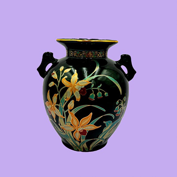 Vintage Fine China Japan Black Floral Handled Large Vase 8