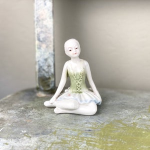 Light pastel  Seated Ballet Dancer Ballerina Figure Statue Porcelain Green leotard with polkadot tutu