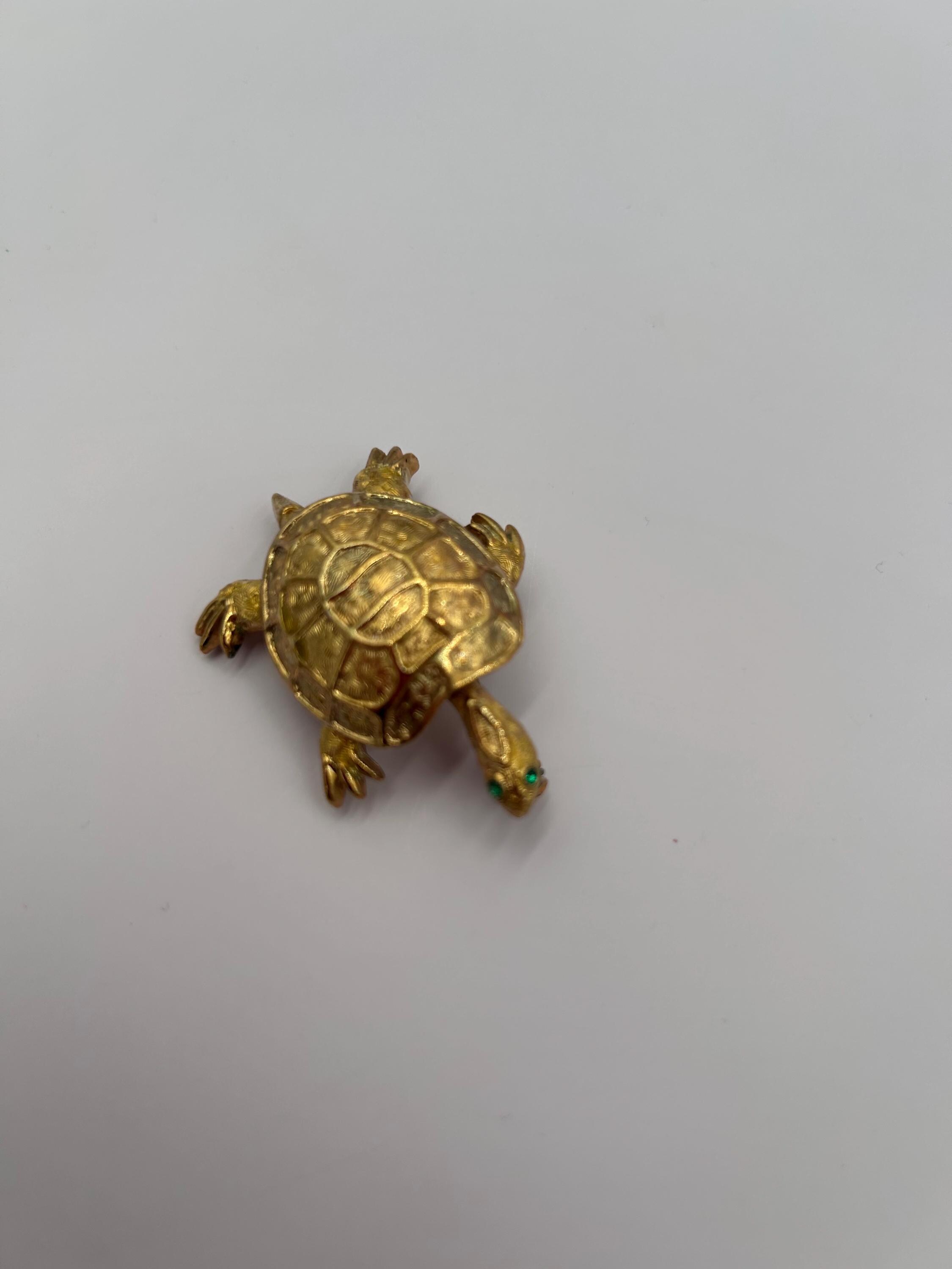 🐢 Broche Vintage Tortue - 2 Pièces (grande & Petite) Or Et Marron Aux Yeux Verts - Bijou Rétro !