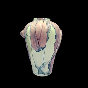 May include: A decorative vase with a bulbous body and a narrow neck. The vase features a white base with flowing patterns of pink, purple, and blue. The design gives the vase a unique, artistic appearance.