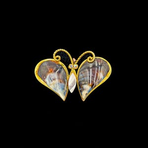 Vintage gold tone and blue sea shell butterfly brooch 2.5”