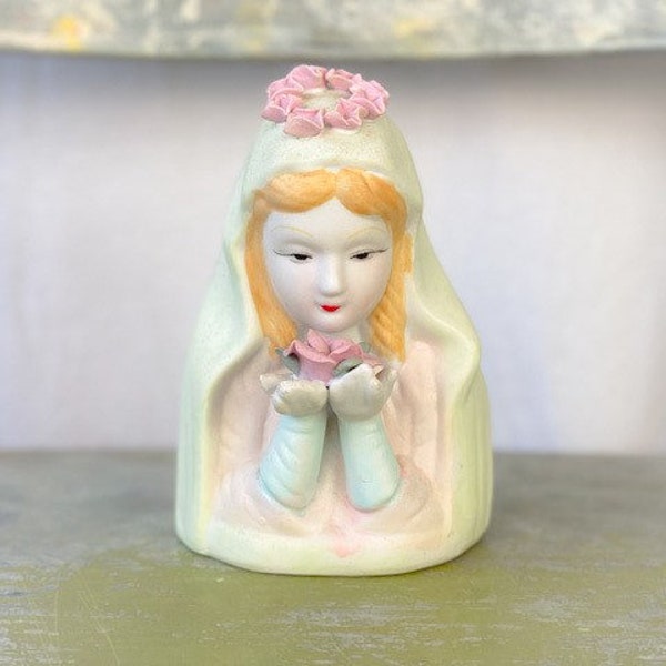 Vintage Blonde Virgin Mary Porcelain Bisquet Holding Rose Crown Of Roses