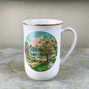 Vintage Currier and Ives Spring China Countryside Coffee Cup Mug - Stamped Japan