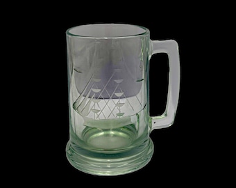Vintage Etched Clear Glass Beer Mug | Nautical Clipper Ship Design | Collectible Barware | Gift for Him 5.25”
