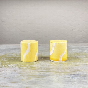 Tiny Mid century modern marble yellow Ceramic Salt Pepper Set Retro Kitchen