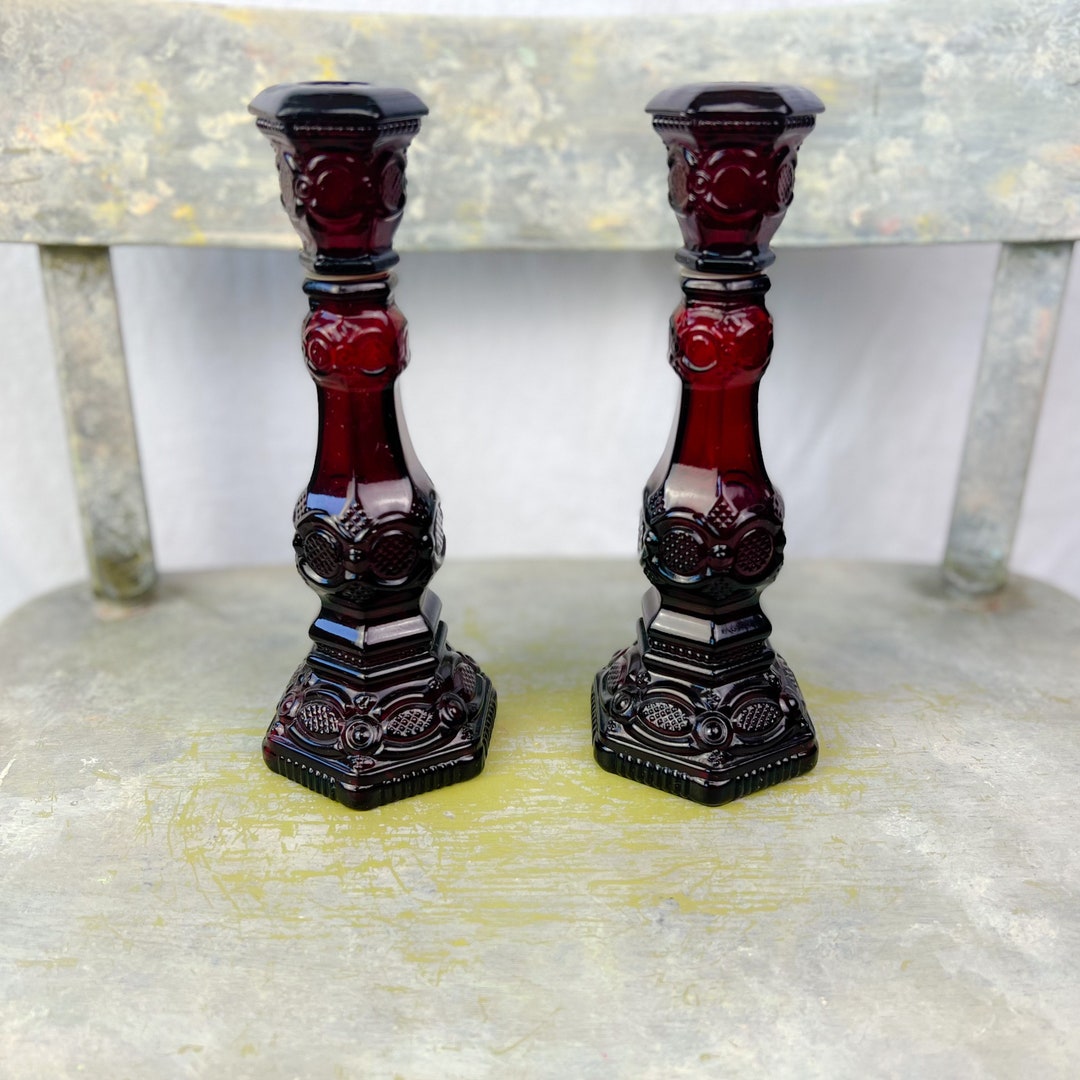 Two Vintage Cape Cod Ruby Red Glass Table Candlesticks Candle Holders 8