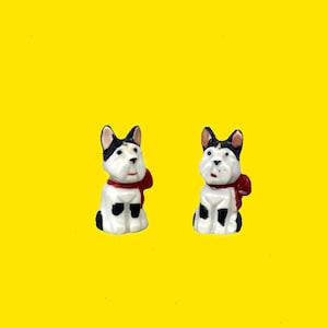 Vintage White Scottie Dog Salt & Pepper Shakers with Red Bows - Adorable Terrier Figurines, Made in Japan 3”