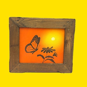 Vintage Sunset Butterfly Daisy Painting in Rustic Wood Frame - Hand-Painted Folk Art Wall Decor  13x12”