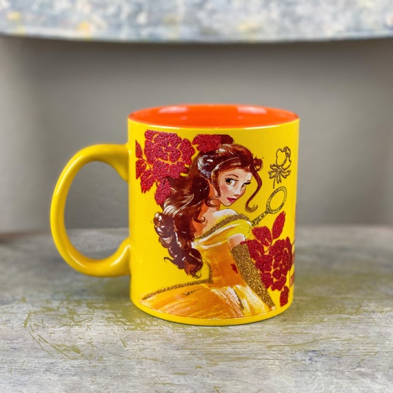 Rare Disney Beauty and the Beast Princess Belle Glitter 20 Oz Coffee Cup Mug  