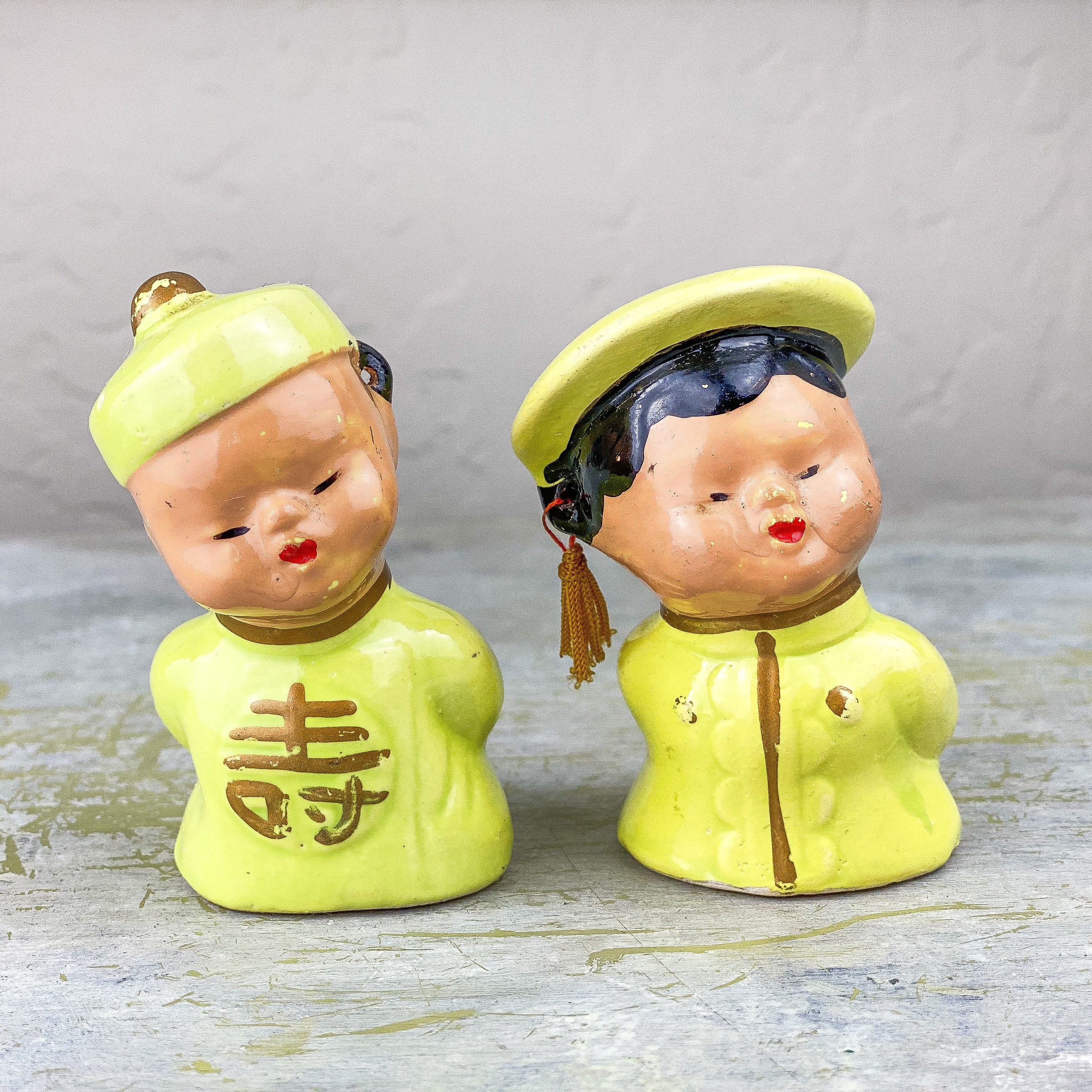 【ヴィンテージ】RelcoJapan Salt & Pepper Shakers Retro Ceramic Asian Couple Boy Girl Salt & Pepper Shaker Set