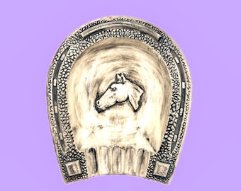 Vintage Ceramic Horseshoe Ashtray with Horse Head - Rustic Western Tobacciana, Cowboy Decor Trinket Dish, Mid Century Ceramic Catchall