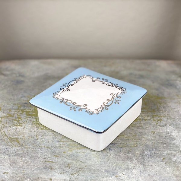 Trinket Box Martha Stewart Ceramic Light Sky Blue White Square Jewelry Box