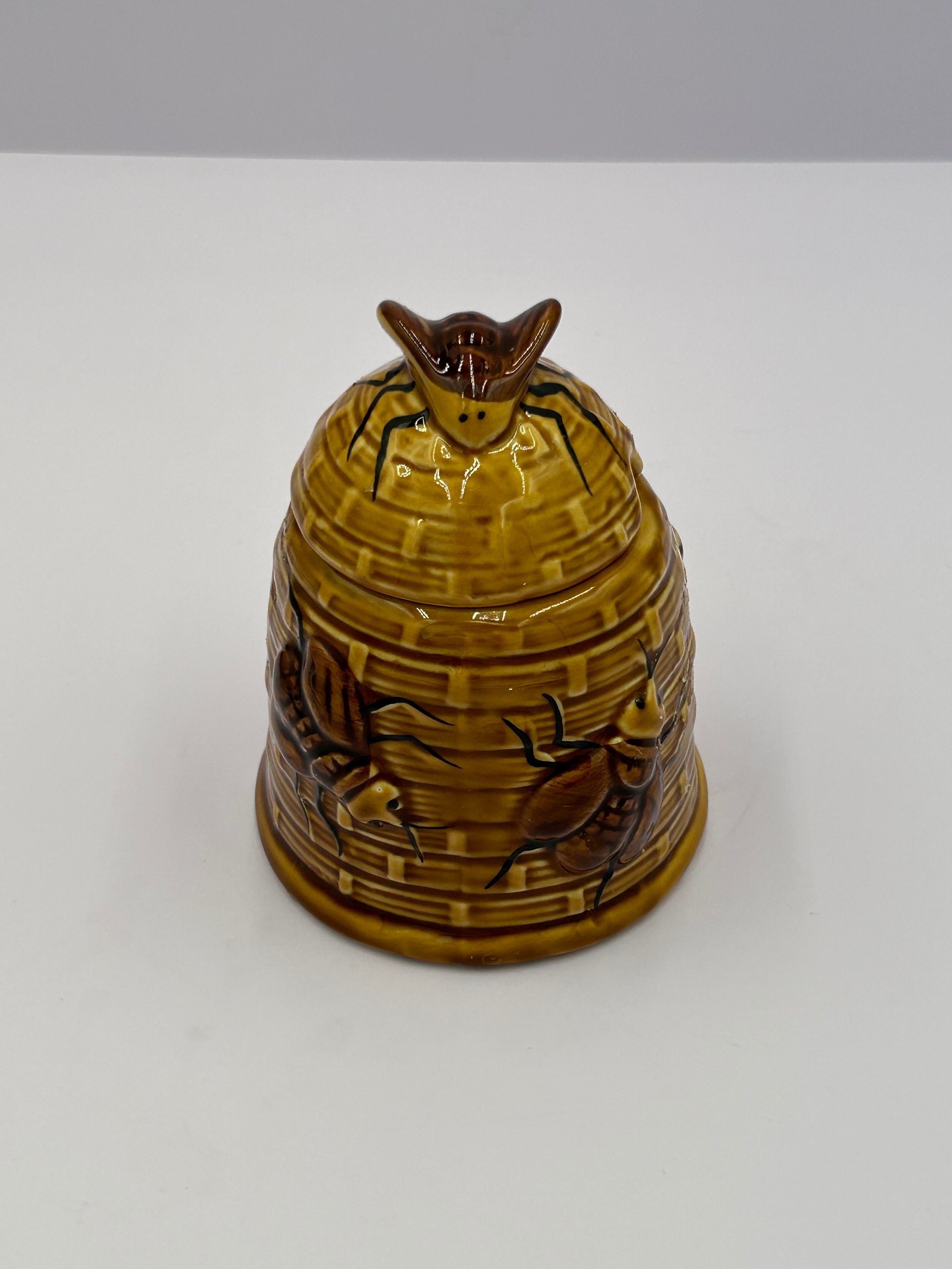 Vintage Japan Ceramic Honey Jar With Bumble Bees on Bee Hive and