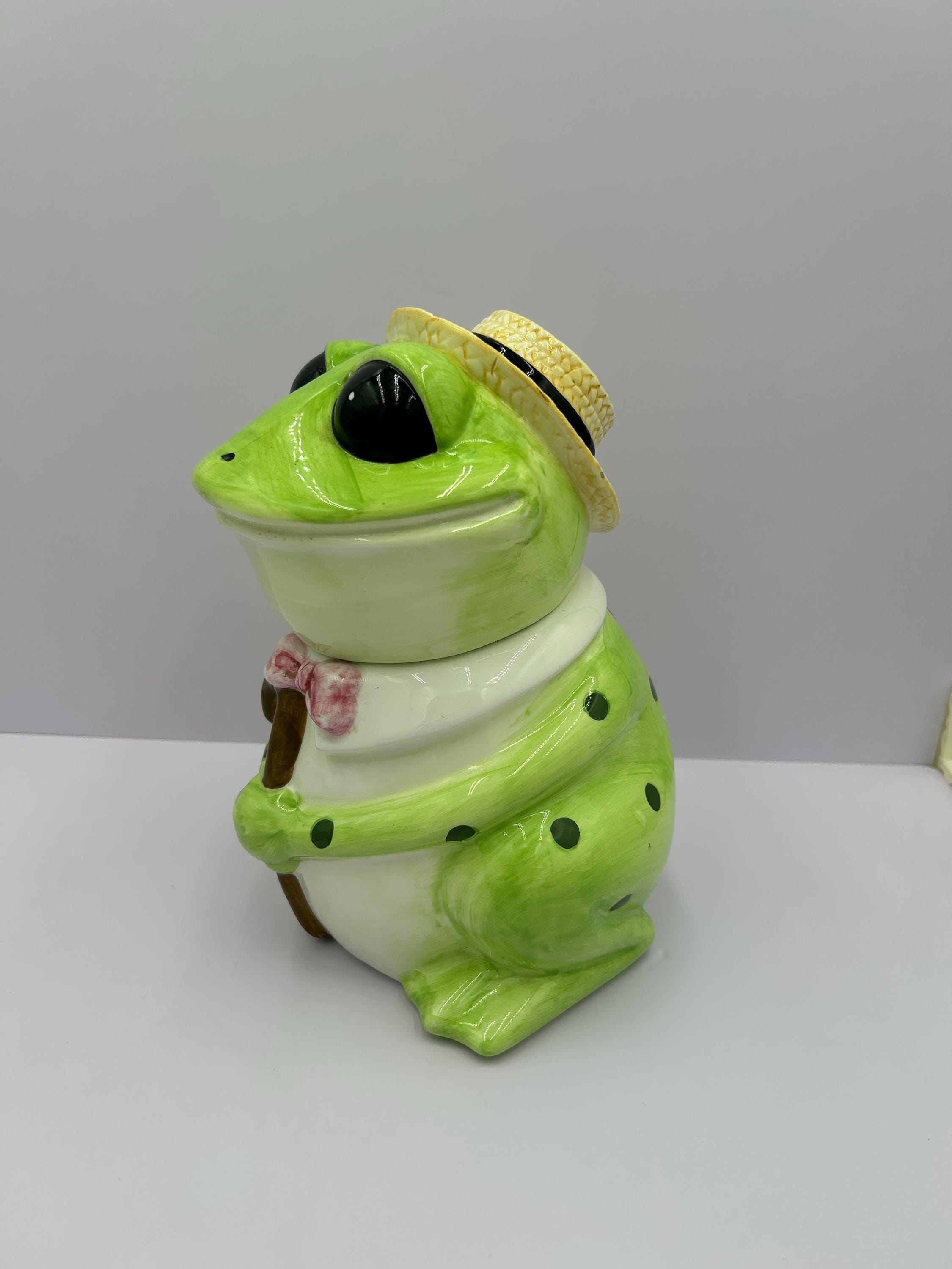 Vintage 1998 Tone World Frog Holding Cane Cookie Jar - RARE