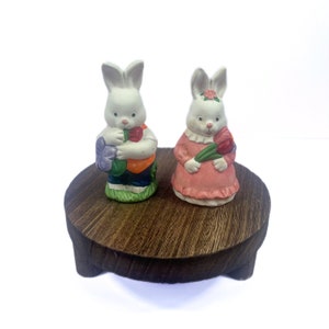Vintage 90s Bunny Rabbit   Salt and Pepper Shakers Matte Ceramic Dressed Up Holding rose garden bunny’s