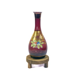 Vintage Bohemian Amethyst Purple Glass Vase Enamel Flowers with Gold Gilding 9.5”
