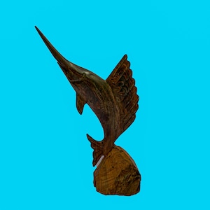 Vintage Hand Carved Ironwood Sailfish Marlin Sculpture - Nautical Ocean Decor - Mid Century Modern Fish Statue 16”