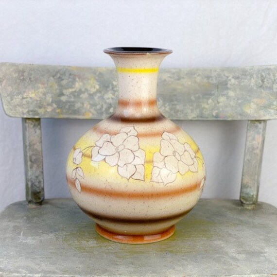Mid-century Modern Ceramic Vase With Floral Design, 12 Inch, Brown