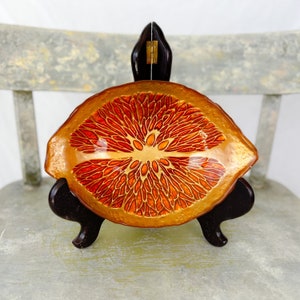 Vintage Orange and gold Boho Glass Trinket Bowl Lemon shaped Candy Dish