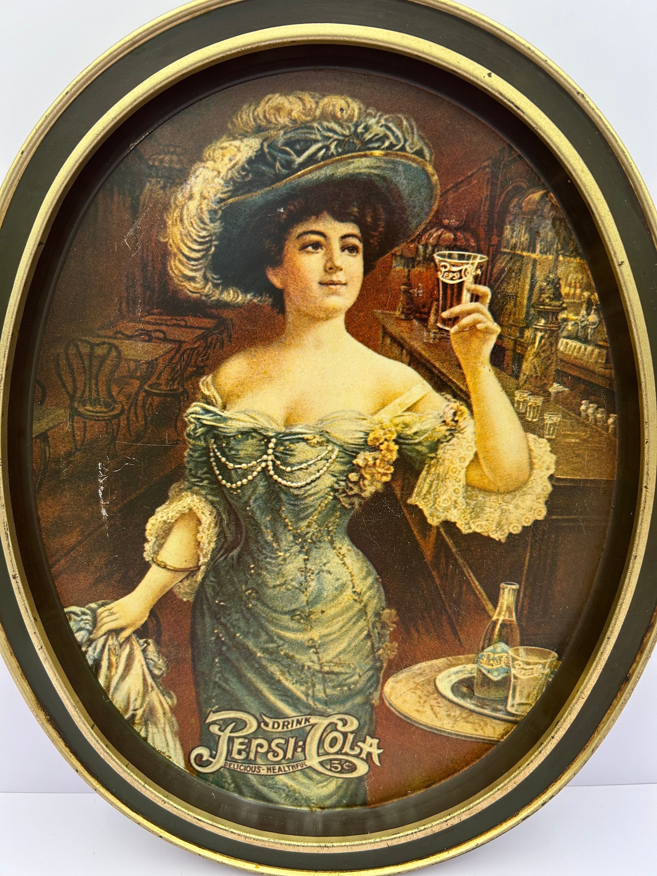 Vintage Pepsi Cola Oval Tin Decor Vintage Victorian Lady Drinking