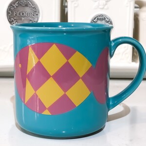 Vintage 80s Pink And Yellow Fish On A Teal Coffee Or Tea Mug