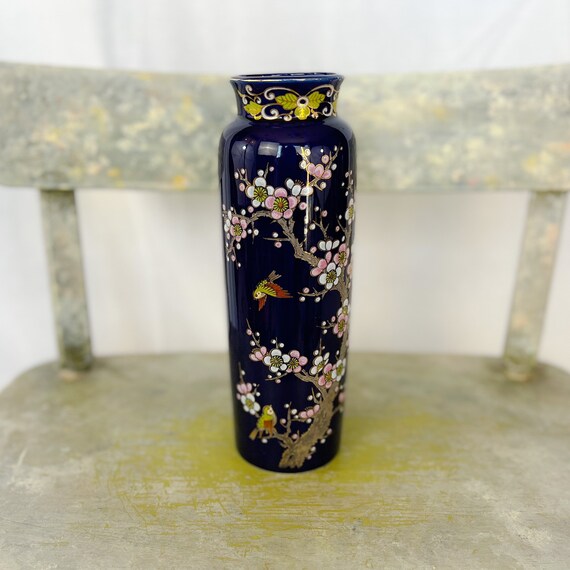 Vintage Navy Blue ARTMARK Vase. Blue With Cherry Blossoms and