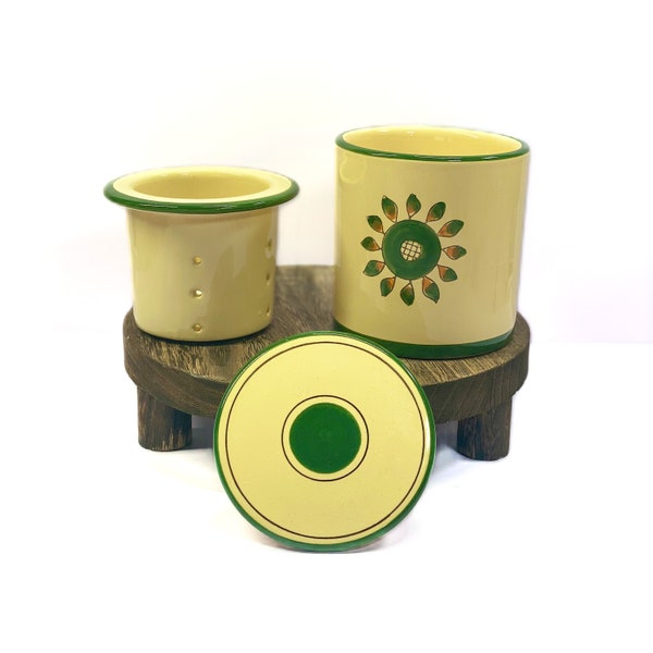 Vintage Heavy Three piece Ceramic Italian Pottery Tea Mug Cup - With Hand Painted Sunflower Cortina Flower & emerald green detailing