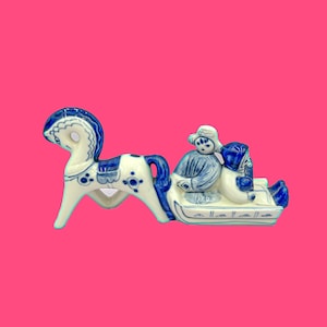 Vintage Hand-Painted Gzhel Porcelain Figurine - Horse-Drawn Sleigh with Family - Russian Folk Art Collectible USSR Era 9”