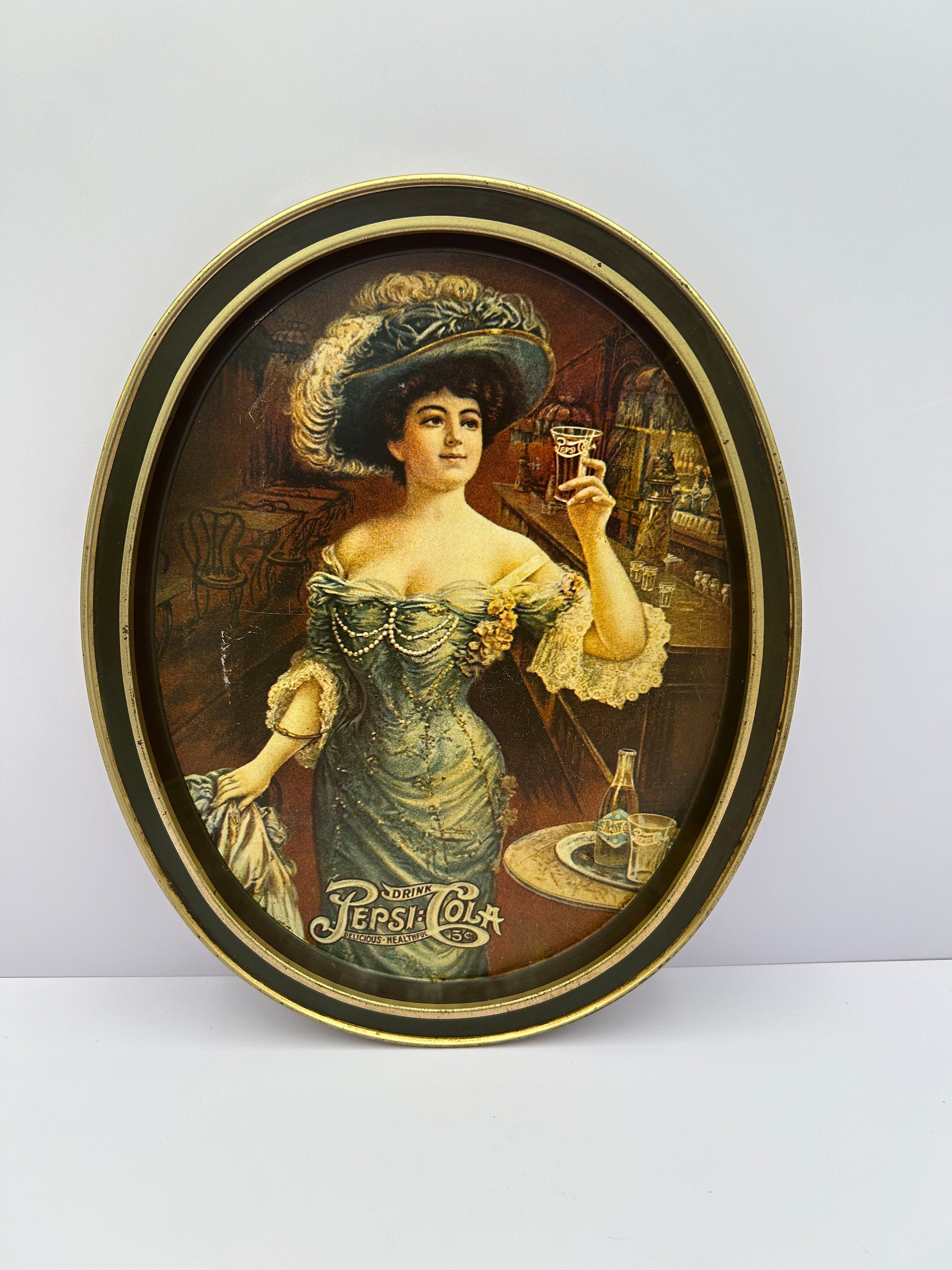 Vintage Pepsi Cola Oval Tin Decor Vintage Victorian Lady Drinking
