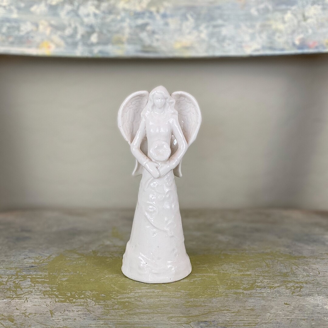 White 5.5” Angel Ceramic Figurine Holding Flowers and Cut Out Wings - Etsy