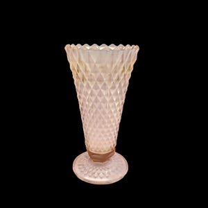 Vintage Indiana Glass Frosted Pink Diamond Point Vase - 8&quot; Tall Mid-Century Satin Glass Trumpet Vase