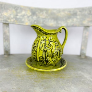 Vintage Japan Green/avocado and White Asian women standing in Japanese garden  Creamer and Under Plate