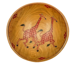 Vintage Hand-Carved African Folk Art Bowl— Running Danceing Giraffes hand carved wood key/candy dish 9.5”