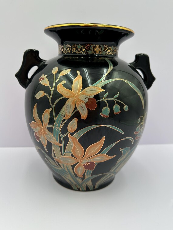 Vintage Fine China Japan Black Floral Handled Large Vase 8