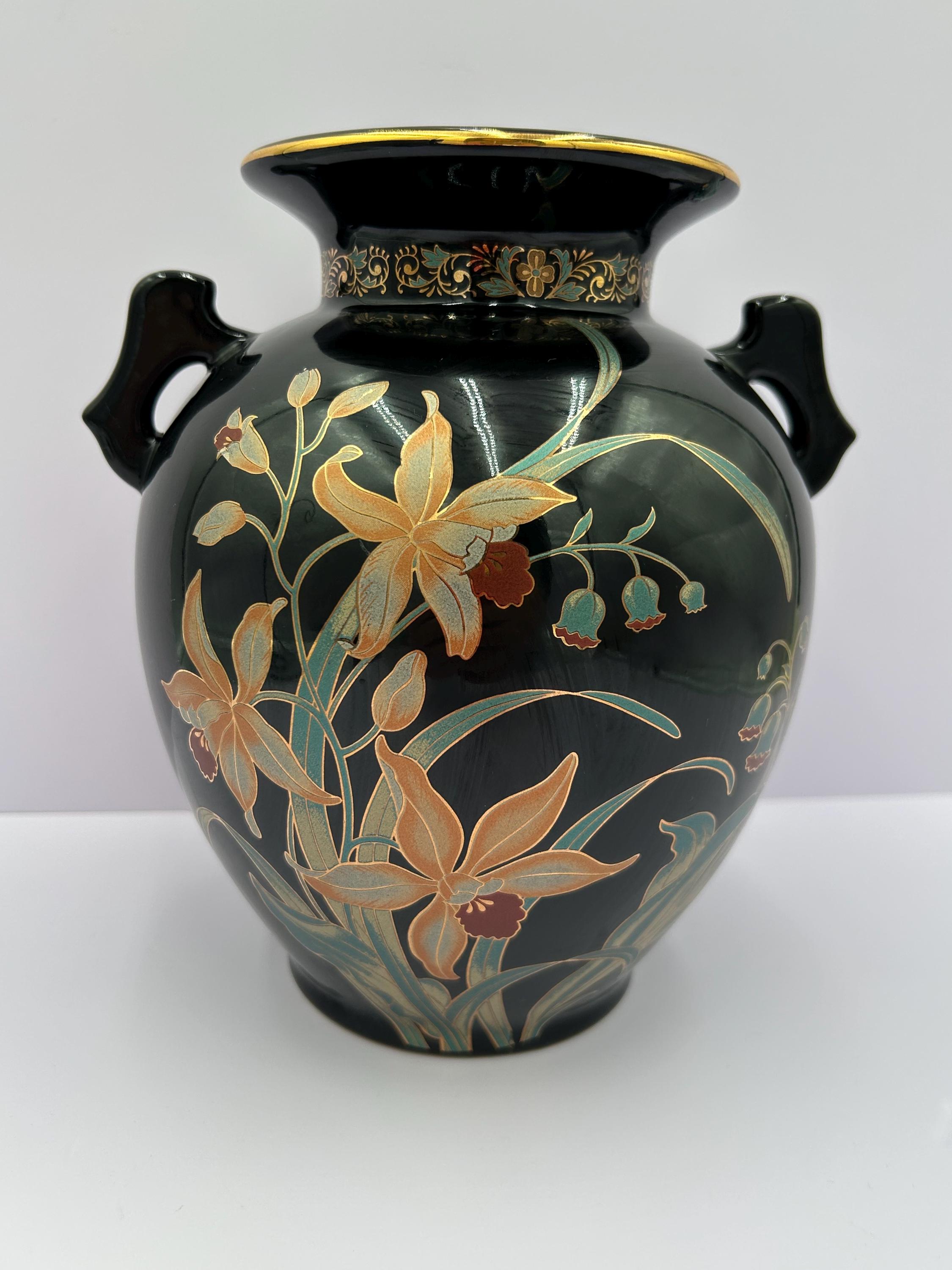 Vintage Fine China Japan Black Floral Handled Large Vase 8