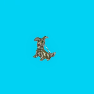 Vintage Silvertone Scottish Terrier Brooch with Green Rhinestone Eyes - Adorable Scottie Dog Pin 1”
