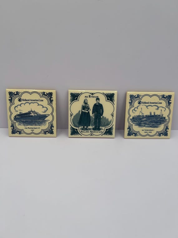 Vintage Holland America Line Delft Blue Ceramic Tiles - Set of 3