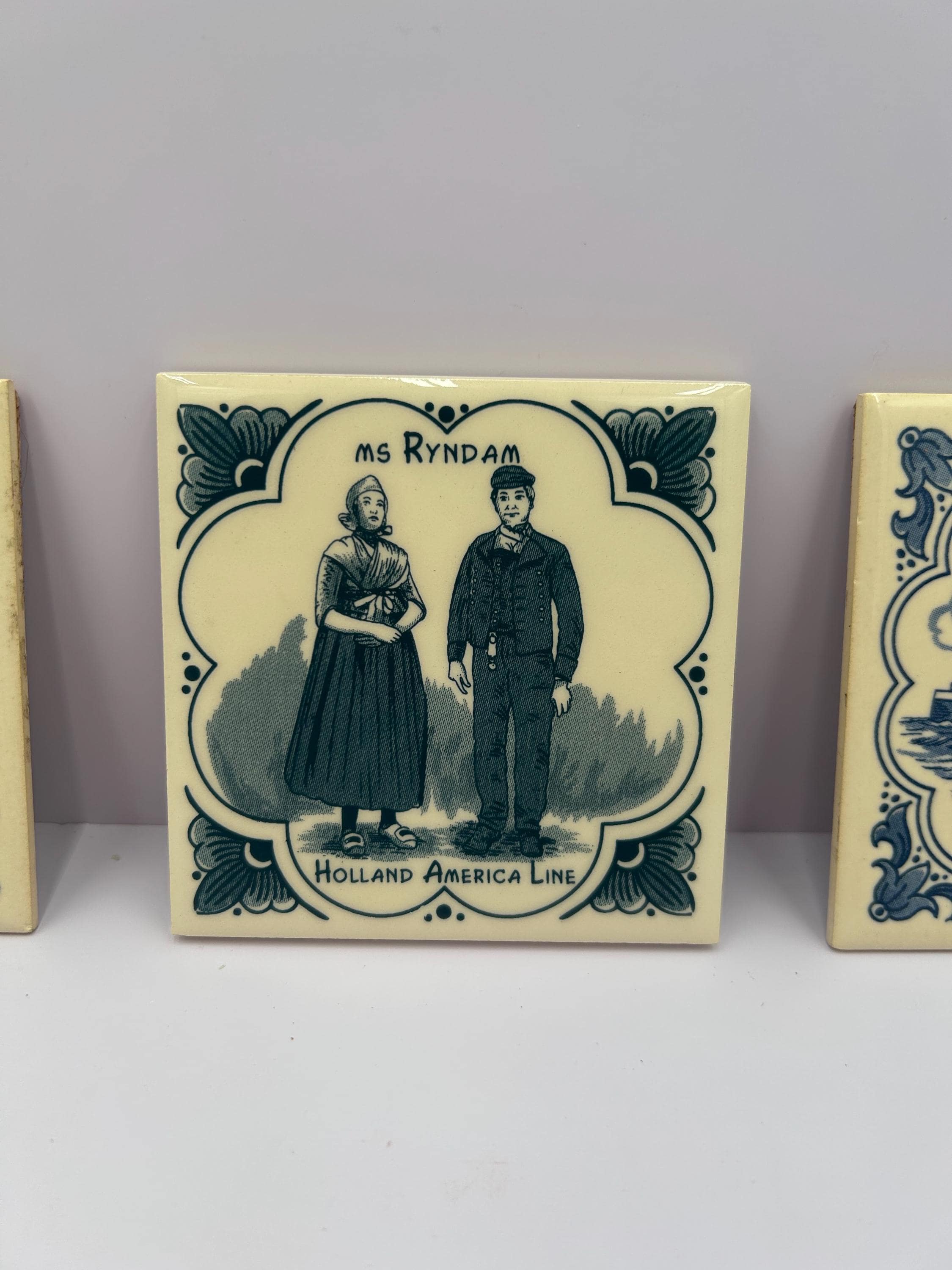 Vintage Holland America Line Delft Blue Ceramic Tiles - Set of 3