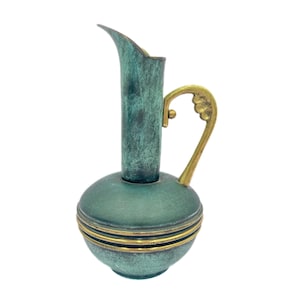 Vintage Mid-Century Modern turquoise and brass pitcher from Oppenheim, Israel, 1960s. 9”