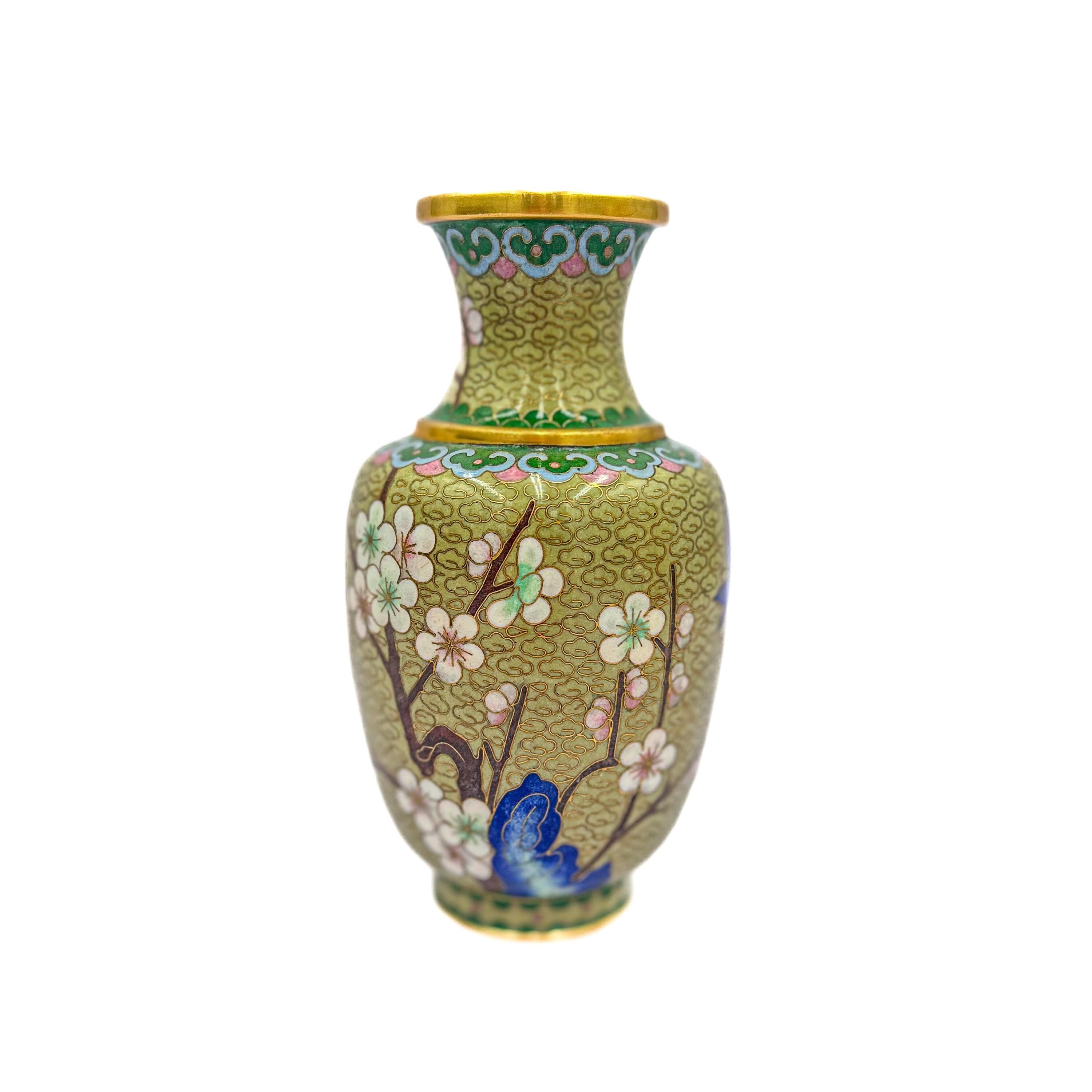 Lot De 2 Vases émaux Cloisonné - Décor Fleur De Cerisier Et Oiseau - Occasion