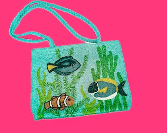 Vintage Beaded Clown Fish & Tropical Fish Purse - Unique Aquarium Sea Life Handbag - Y2K Ocean Theme Shoulder Bag 12x8x2”