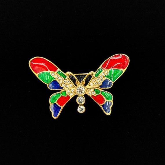 Broche Papillon - Métal Doré Émaillé Et Strass - NEUVE (sans Emballage)