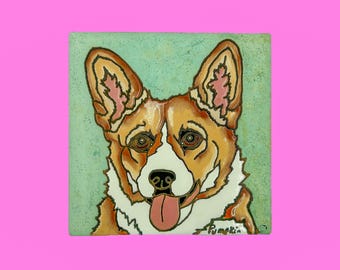 Vintage Hand-Painted Corgi Dog Art Tile - Wall Hanging or Trivet - Unique Pet Lover Gift 6”