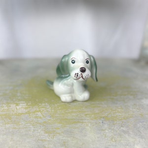 Vintage adorable NANCO Ceramic Puppy Dog Figurine 3-1/2&quot; Grayish Green and hand painted face.