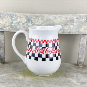Vintage  Coca-Cola Ceramic Pitcher 1997 Gibson White Red & Black Checkers retro kitchen decor